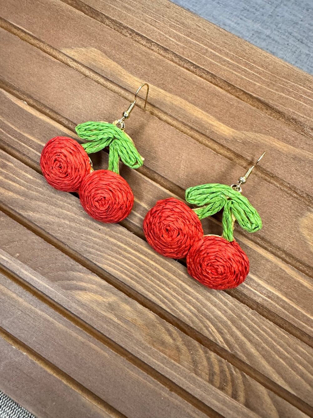 Raffia Red Cherry Earrings Fun Fruit Earrings Red Accessories Felt Earrings